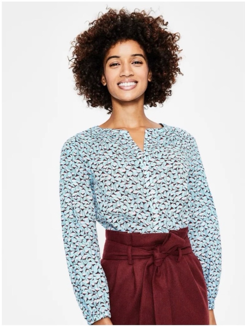 Boden Women’s Sz 16 Blue Floral Cotton Linen Blouse Esme V-Neck Long Sleeve
